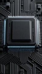 Fototapeta premium Unmarked microchip embedded in sleek black circuit board with rim lighting