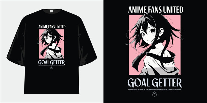 anime fans united goal getter motivational cute manga girl graphic pink background minimalist streetwear style t shirt design vector illustration artwork
