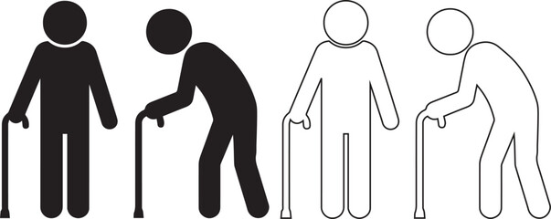 Vector illustration of elderly people icons with walking canes in solid and outline styles, showing upright and bent postures, symbolizing aging, senior mobility support, healthcare accessibility © Rina