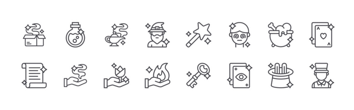 Collection of 16 outline Magic icons with magic box, scroll, potion, magic trick, magic lamp. Thin line vector illustration set