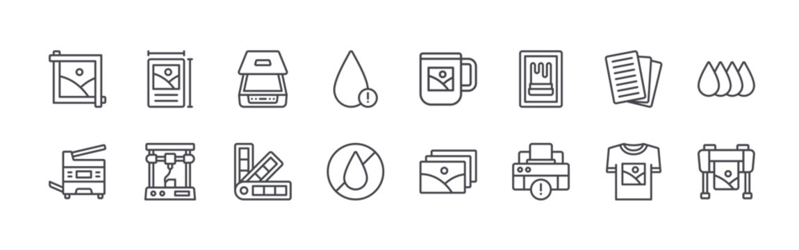 Collection of 16 outline Printing icons with crop, photocopier, size, 3d printer, scanner. Thin line vector illustration set