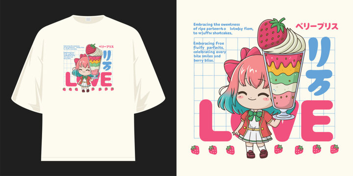 berry bliss love cute chibi anime girl with strawberry parfait blue grid japanese katakana cream streetwear t shirt design vector illustration artwork
