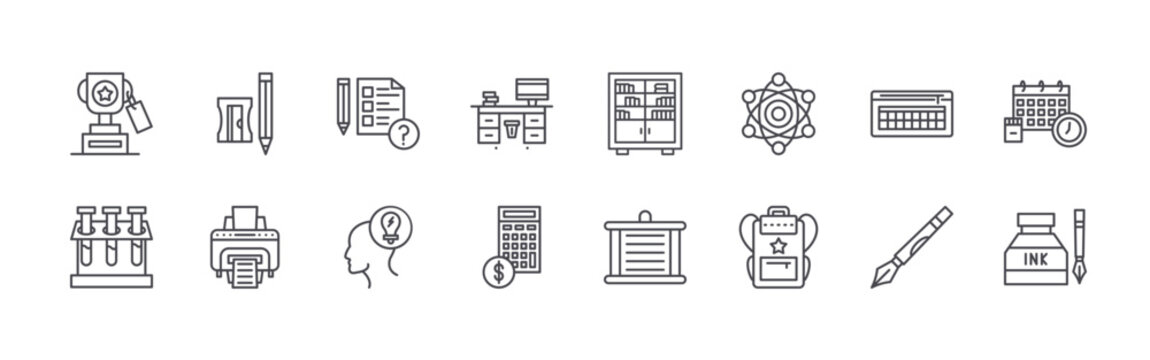 Collection of 16 outline Education icons with trophy, test tube, pencil sharpener, printer, exam. Thin line vector illustration set