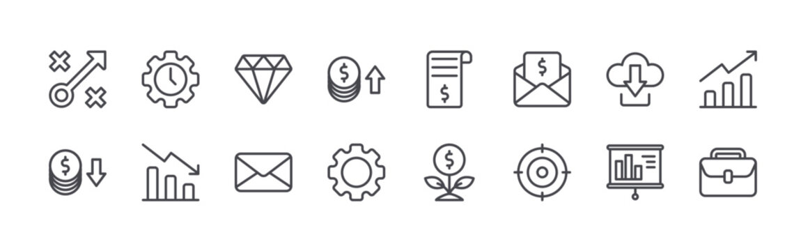Collection of 16 outline Startup icons with strategy, loss, time managament, stats, diamond. Thin line vector illustration set
