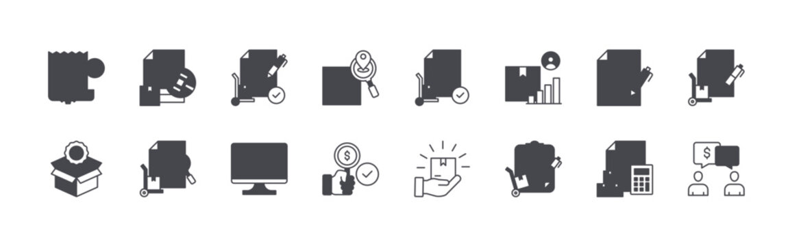 Collection of 16 outline Procurement Management icons with invoice, best product, tender, audit, requisition. Thin line vector illustration set