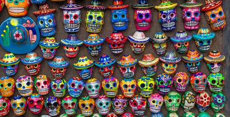 Fototapeta premium Colorful skull magnets souvenir, Mexico City, Mexico