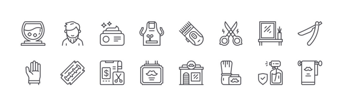 Collection of 16 outline Barbershop in Line Style icons with drink, glove, bearded man, razor blade, pomade. Thin line vector illustration set