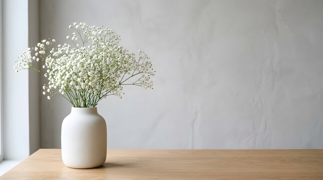A serene still life of baby's breath flowers in a white vase on a wooden table indoors.
