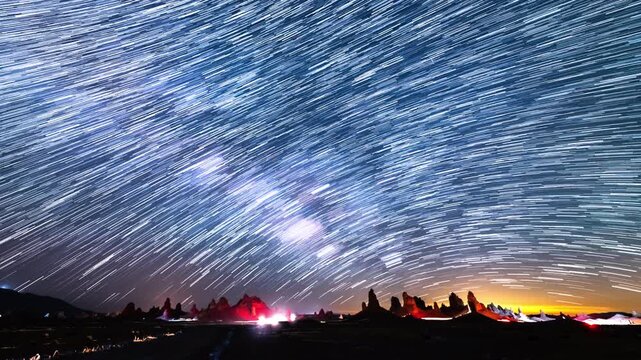 Star Trails of Milky Way Galaxy in Southeast Sky at 14mm Over Trona Pinnacles Astrophotography Time Lapse in California USA