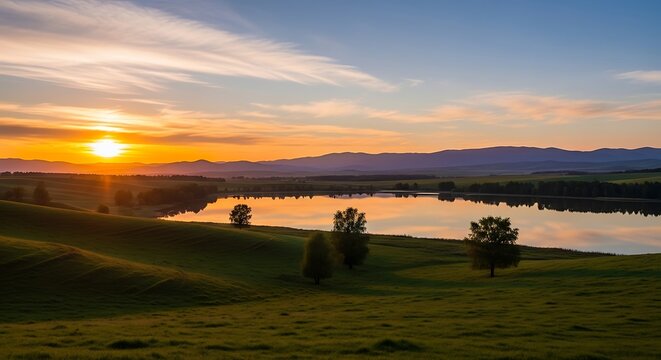 Stunning sunset over a serene lake with rolling green hills