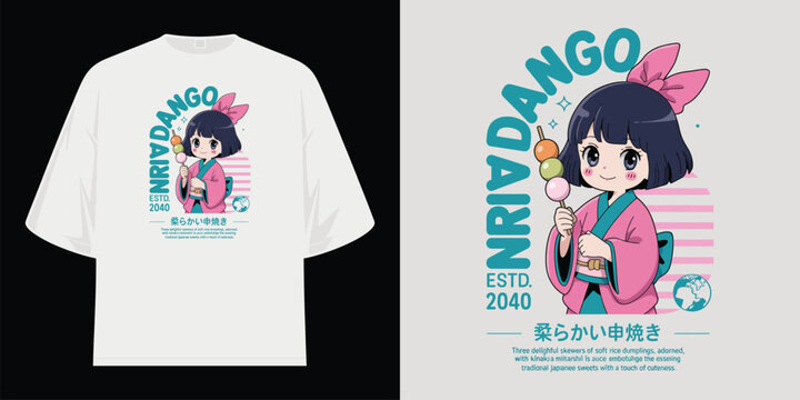 nriv dango cute chibi anime girl holding sweet rice dumpling skewer with japanese kanji text white graphic tee t shirt design vector illustration artwork