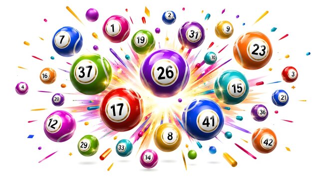 Lottery balls with numbers flying in the air isolated on white background