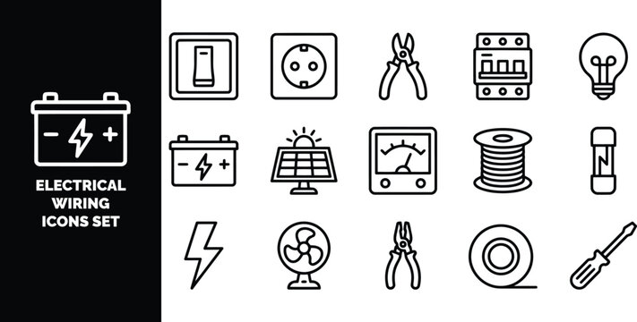 Set of black and white electrical featuring tools, components, power sources, and wiring equipment in a clean line style