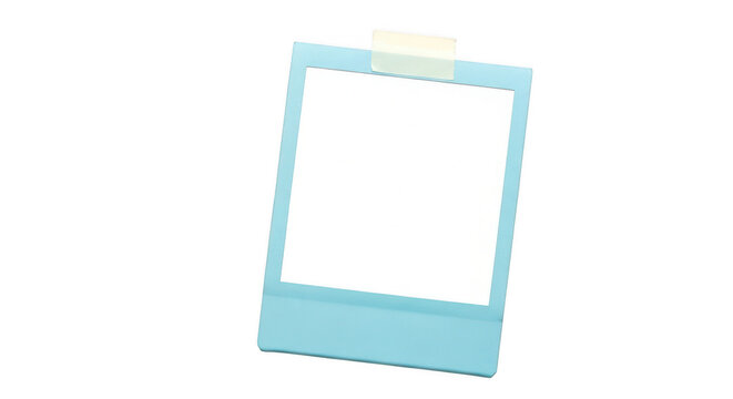 A blank light blue polaroid photo frame with a sticky note on top isolated on transparent background