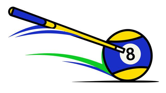 Eight ball being hit by cue stick.