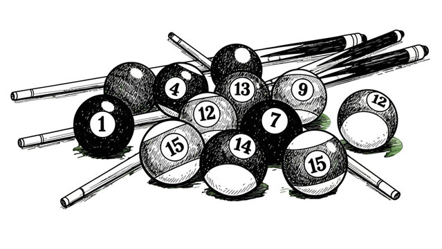 A collection of billiard balls and cues.