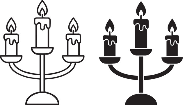 Vector illustration of three-candle candelabrum icons in outline and silhouette styles, representing classic candle holder, vintage lighting, home decor, celebration, and religious symbolism