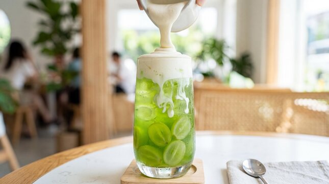 Pouring thick cheese foam onto layered green shine muscat grape tea drink