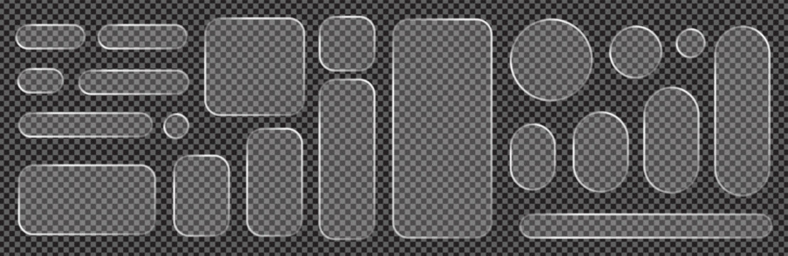Set of liquid glass white elements in various shapes. Transparent UI components with blur effect. Modern user interface design.