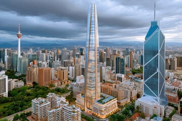 Obraz premium Aerial view of modern city skyline with towering glass skyscraper and business district