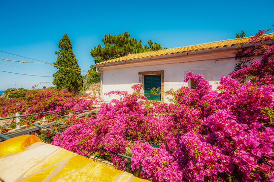 Holy Monastery of the Virgin Mary at Paleokastritsa in Corfu. Palaiokastritsa bay on the Greek island of Corfu