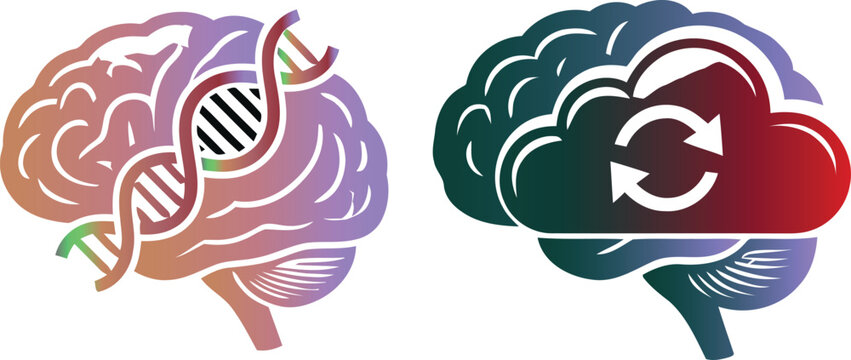 Human brain icon set with dna and cloud computing sync arrows for biotechnology and AI concept