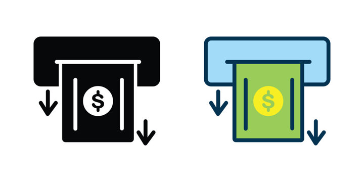 ATM Cash Withdrawal Icon Set with Dollar Banknote and Downward Arrows for Financial Transaction Concepts vector illustration.