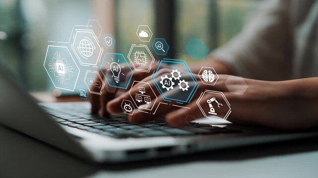 Business professional using laptop with holographic technology, digital interface, and innovative icons in modern workspace environment. Entropy.