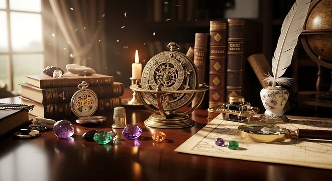 Vintage scholar desk with astrolabe and gemstones
