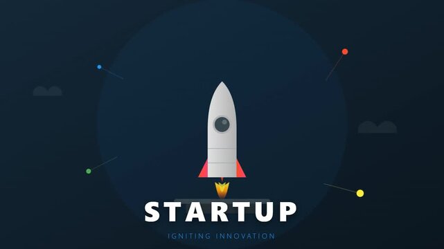 Startup Rocket Launching into Space with Text Animation.