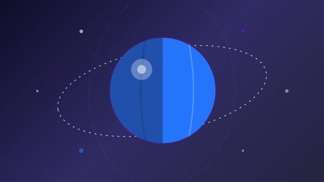 Stylized illustration of planet Neptune with rings and moons in deep space.