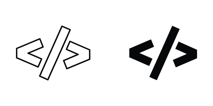 Coding symbols in outline and solid style representing programming and software development concepts