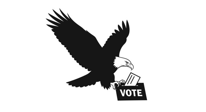Black silhouette of an eagle dropping a ballot into a vote box on white background