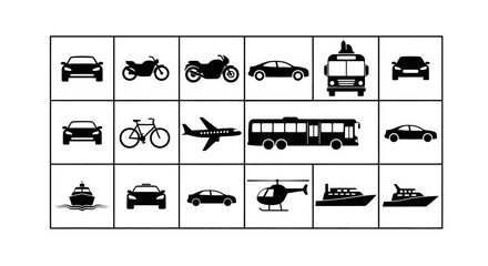 Collection of various transportation icons including cars motorcycles airplanes buses boats and helicopters in black silhouette style on white background for travel logistics © Asim