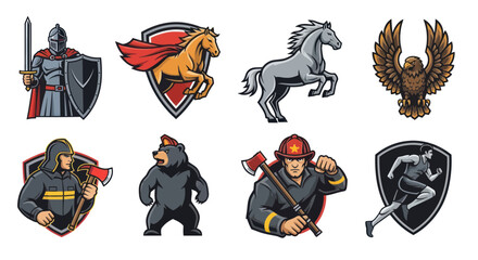 Cartoon warrior bear and mythical symbols.