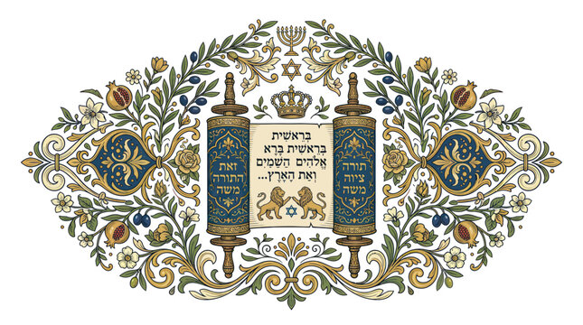 Torah scrolls with crown and decorations.