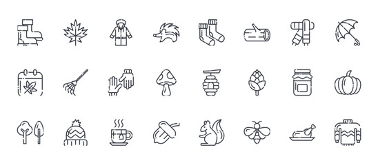 24 outline Autumn Elements web icons such as turkey roast, acorn nut, honey jar, rake tool, socks. Thin vector symbols for report, presentation, web design and mobile app © Amelia