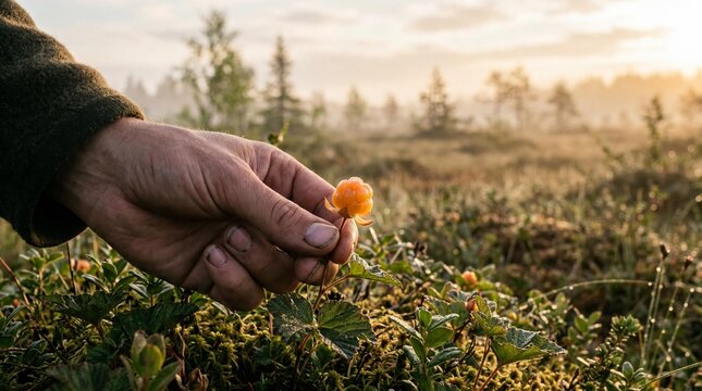 Hand picking a wild ripe cloudberry in a misty Nordic bog at sunrise