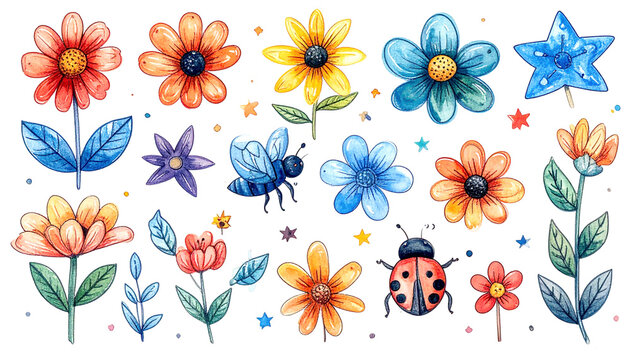 Bunte Kinderillustration mit Marienk&auml;fer, Schmetterling und Blumen