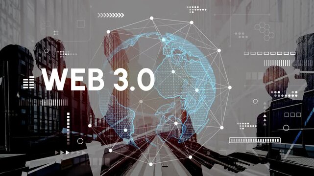 Abstract representation of Web 3.0 technology with globe, network connections, and silhouettes of people in a modern urban environment. Entropy.