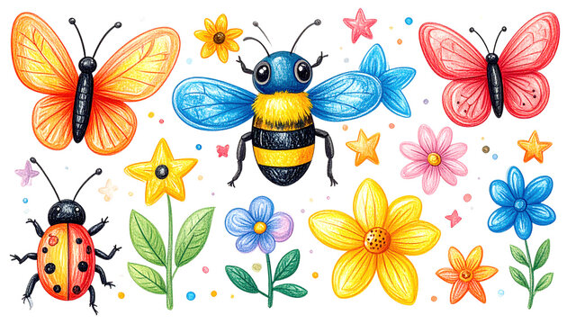 Bunte Kinderillustration mit Marienk&auml;fer, Schmetterling und Blumen