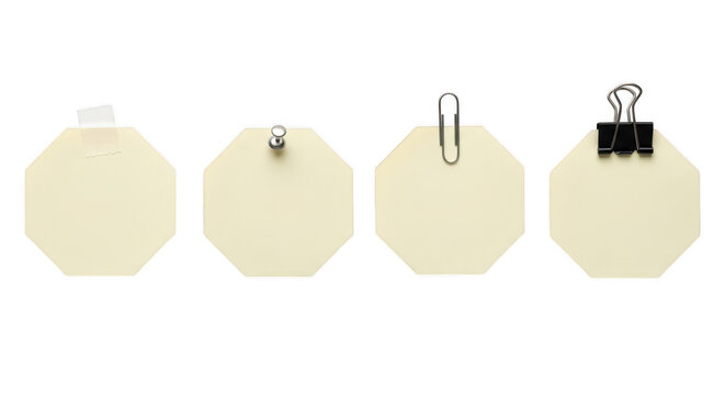 Beige octagonal tags with various fasteners on transparent background
