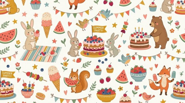 Cute forest animals gather for a festive summer celebration, sharing sweet treats and fresh fruit