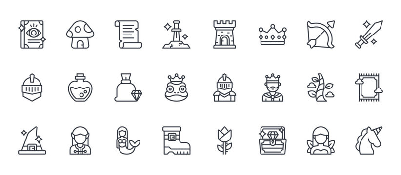 24 outline Fairy Tale web icons such as fairy, boot, beanstalk, potion, castle. Thin vector symbols for report, presentation, web design and mobile app