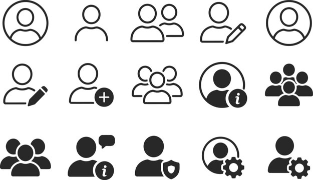 Set of sixteen diverse user profile icons in black