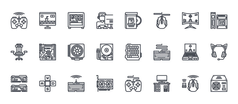 24 outline Pc Gaming web icons such as mouse, vga, laptop, motherboard, dvd. Thin vector symbols for report, presentation, web design and mobile app