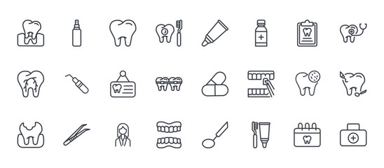 Naklejka premium 24 outline Dental Care web icons such as appointment, denture, bacteria, dental probe, toothpaste. Thin vector symbols for report, presentation, web design and mobile app