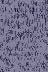 Obraz premium Abstract typographic background featuring overlapping Latin alphabet letters in various opacity and sizes. Dark blue and purple text on soft lavender backdrop creates a modern, artistic background. 