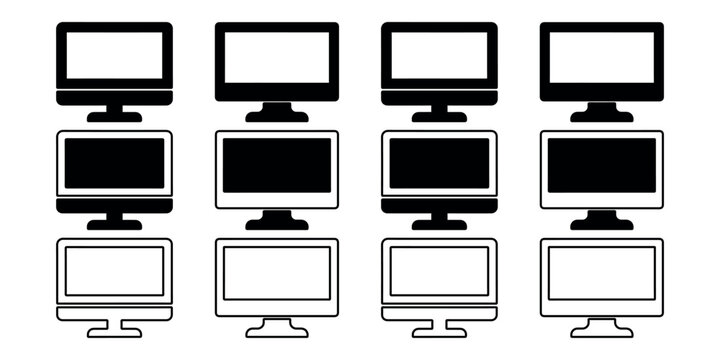 Computer monitor display screen pc desktop vector icon set, different styles flat design for website mobile app.