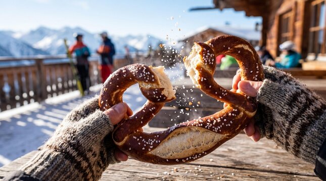Breaking a rustic pretzel with flying salt crystals at an alpine ski resort